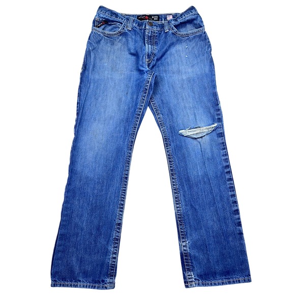 ARIAT M4 FR Relaxed Boot Cut Jeans Mens Sz 36 Fits 35" Ripped Distressed Denim - Picture 1 of 10